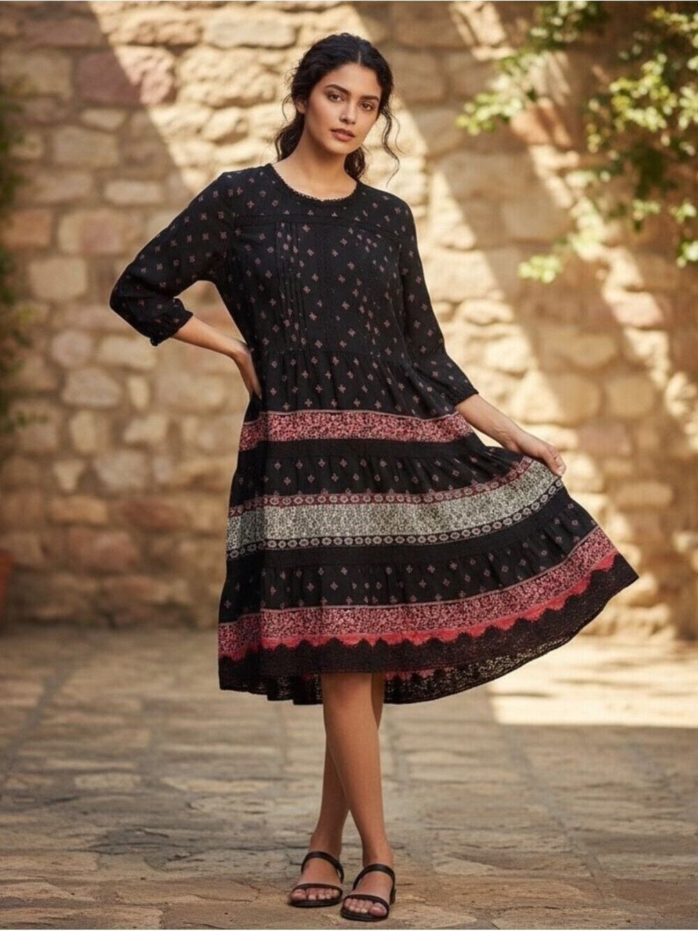 J. Jill Black Multicolored 3/4 Sleeve Dress Medium Petite - Picture 10 of 10